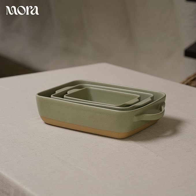 Mora Ceramic Set of 2 Baking Dishes For Casserole, Banana Bread, Brownies, Broiling, Roasting, and Baking. 7x11 in and Loaf Pans - Porcelain Serving Bakeware from Oven to Table. Freezer Safe - Thyme - Image 7