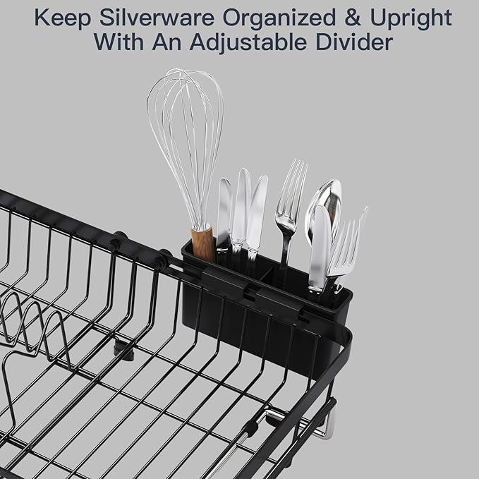 MAJALiS Expandable Stainless Steel Over The Sink Dish Drying Rack for Small Kitchen Counter Space Saving, Compact RV Plate Drainer Strainer in Black Wire Metal with Hanging Adjustable Utensil Holder - Image 9
