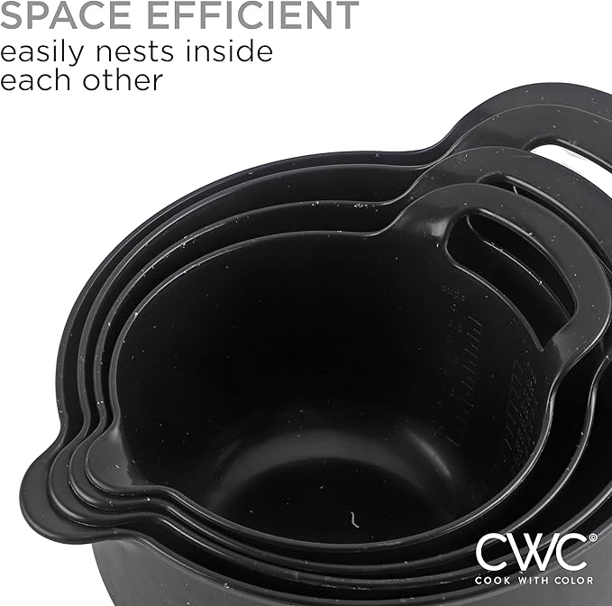 COOK WITH COLOR Nesting Plastic Mixing Bowl Set with Pour Spouts and Handles, Black Speckled, 4 Piece Non-Slip - Image 6