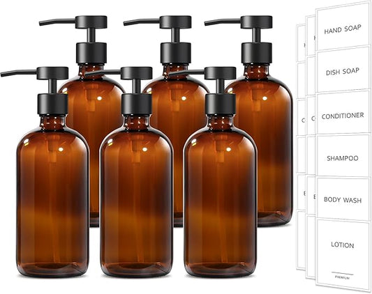 GMISUN Amber Glass Soap Dispenser, 6 Pack Bathroom Hand Soap Dispensers with Stainless Steel Pump, 17 Fl Oz Kitchen Hand and Dish Soap Dispenser Set, Modern Vintage Liquid Brown Soap Dispensers Bottle by GMISUN