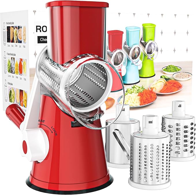 Cambom Rotary Cheese Grater Hand Crank Cheese Shredder for Fresh Cheese, Vegetable, Nuts,Non-slip Suction Base, Free Cleaning Brush Three Blades, Red by Cambom
