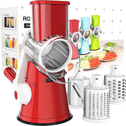 Cambom Rotary Cheese Grater Hand Crank Cheese Shredder for Fresh Cheese, Vegetable, Nuts,Non-slip Suction Base, Free Cleaning Brush Three Blades, Red by Cambom