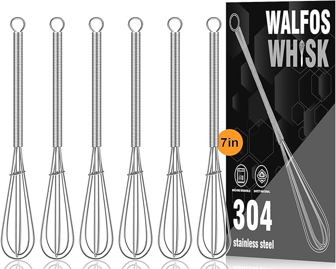 Walfos Mini Whisks Stainless Steel 6pcs; 7" - Small Whisk for Whisking, Beating Eggs, Mixing Sauces, Blending Ingredients by Walfos