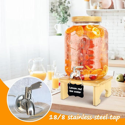 2 Gallon Drink Dispenser with Stand，Glass Beverage Dispenser With Wood Stand, 18/8 Stainless Steel Spigot and Labels Large Water Drink Dispensers for Parties, Lemonade,Juice, Tea - Image 5