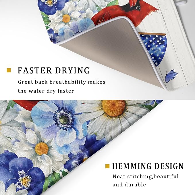 4th of July Dish Drying Mat for Kitchen Counter Cardinal Patriotic Flowers Microfiber Absorbent Dish Draining Reusable Washable Foldable Extra Large 18"x24" - Image 3