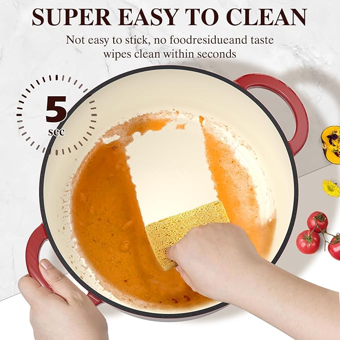 Umite Chef 7QT Enameled Cast Iron Dutch Oven with Lid & Cotton Potholders–Heavy-Duty Cookware for Bread Baking, Braising, Stews, Marinate, Cook(Red) - Image 4