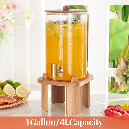 1 Gallon Glass Drink Dispensers: Beverage Dispenser For Parties With Wood Stand, Large Water Drink Dispensers With Stainless Steel Spigot, Ideal for Lemonade,Juice, Tea, and Party Drinks - Image 3