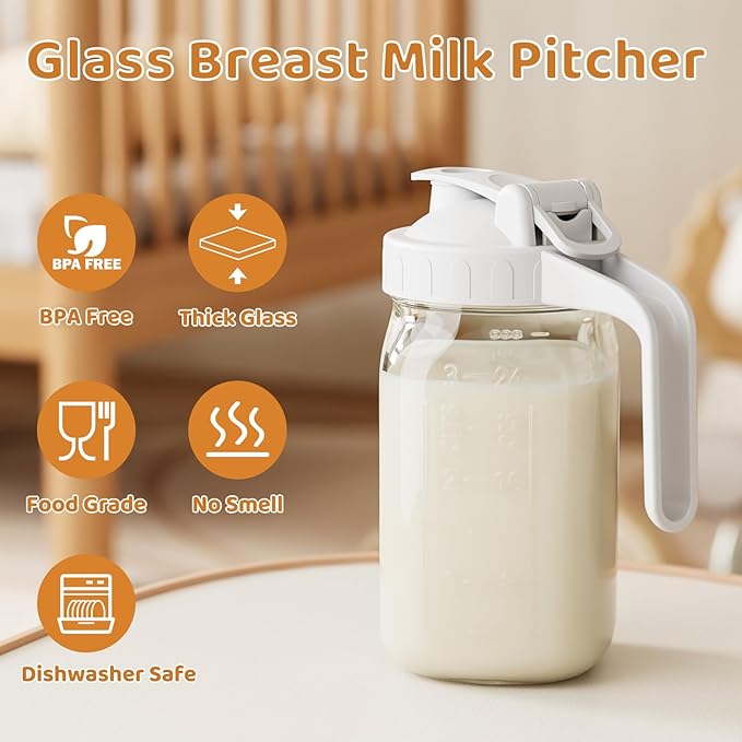 Breast Milk Pitcher, Mason Jar 32 oz, Heavy Duty Wide Mouth Jar with White Flip Cap Lid and Pour Spout, Airtight Seal for Freshness and Convenience, Formula Pitcher Great for Cold Beverages - Image 5
