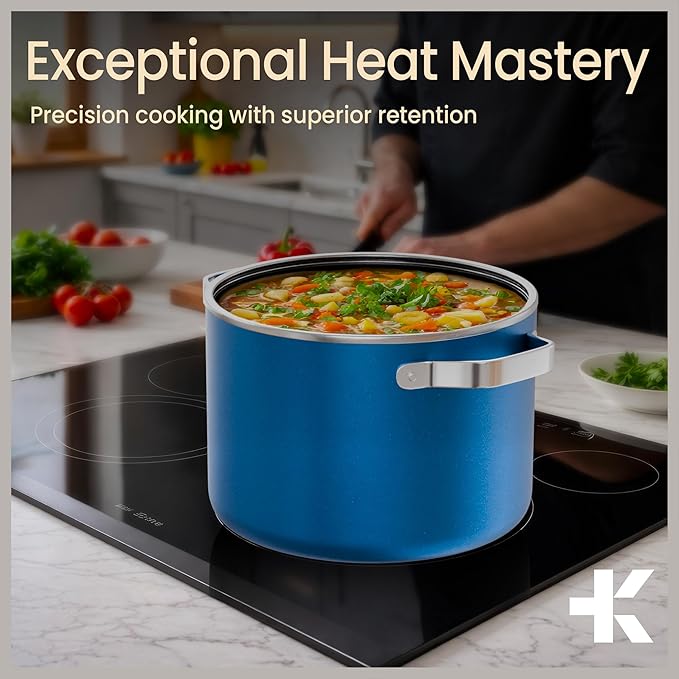 Bakken 5 Quart Ceramic Coated Stock Pot with Lid, Easy to Clean Nonstick Pot, Tempered Glass Lid, Riveted Stainless Steel Handles, Oven Safe Up To 500°F, PTFE & PFAS Free, All Stove Compatible, Blue - Image 9