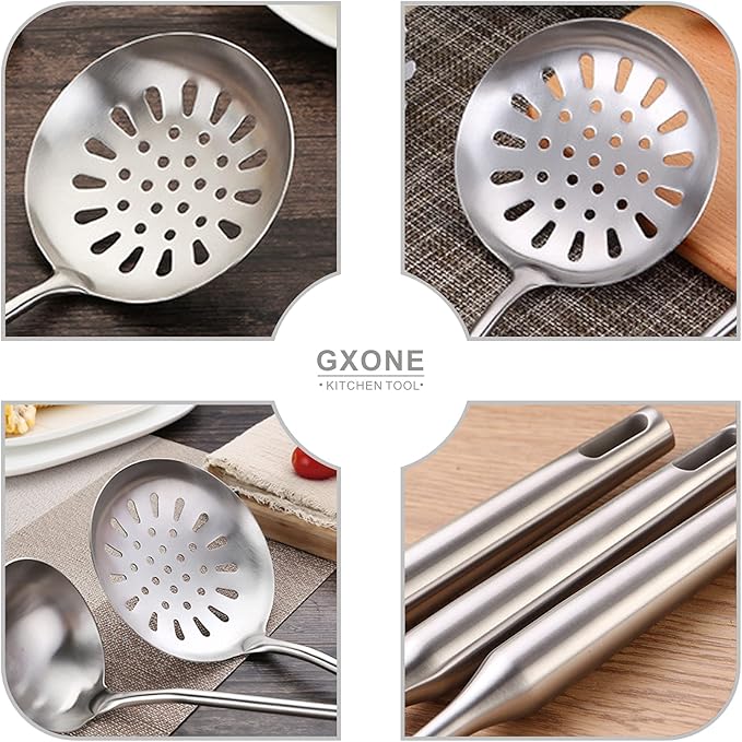 Skimmer Slotted Spoon,304 Stainless Steel Slotted Spoon, Handle Mesh Food Strainer Stainless Steel Colander with Hollow Handle Heat Resistant Cooking Tool,Silver/15.1Inch - Image 4