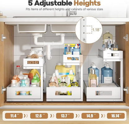 2 Pack 19IN Depth Under Sink Storage Organizer, Large 2-Tier Elegant Mesh Pull Out Shelf for Kitchen and Bathroom Cabinet Organization, L-Shaped and Adjustable Height Design-White - Image 4