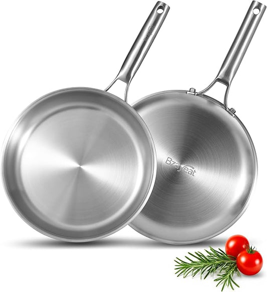 Chef's Frying Pan 12 Inch Set of 2, Tri-Ply Clad Stainless Steel Skillet, Induction Compatible Sauté Pan with Even Heat, Oven & Dishwasher Safe, Professional Restaurant Grade Cookware