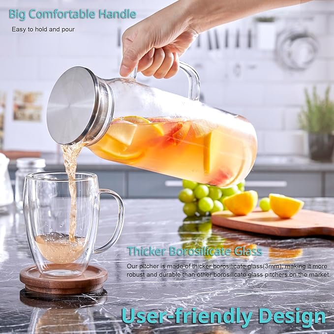 Bivvclaz 2 Pack 1.6 Liter 54 oz Glass Pitcher with Lid and Handle, Glass Carafe Water Pitcher for Hot/Cold Water, Iced Tea, Drinks, Coffee, Juice and Homemade Beverage - Image 3