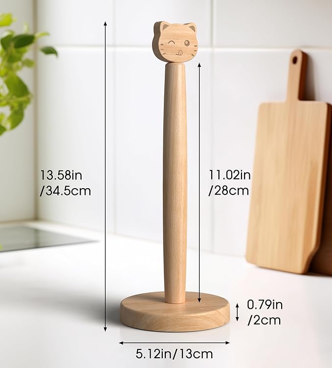 KitchLife Cute Wooden Paper Towel Holder Countertop - Solid Freestanding Paper Towel Dispenser Stand Organizer with Anti-Skid Base (Cat) - Image 2