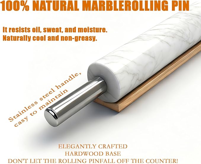 White Marble Rolling Pin with Stainless Steel Handles Baking Set - Silicone Baking Mat, Stainless Steel Dough Cutter, 3 Multicolor Thickness Guides & Wooden Base, Ideal for Pastry, Dough & Pizza - Image 3