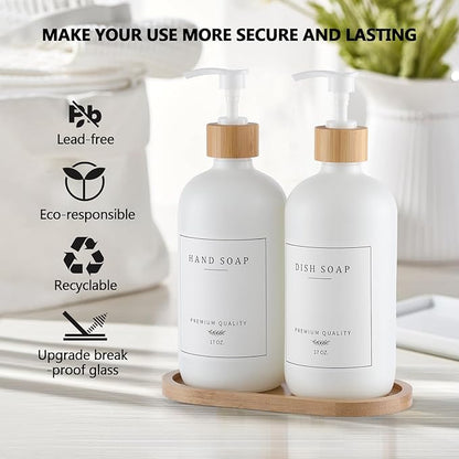 White Glass Soap Dispenser - Hand Dish Soap Dispenser Set for Kitchen, Bathroom with Sturdy Pump and Tray, 14 Waterproof Labels,Refillable Soap Lotion Dispenser-White