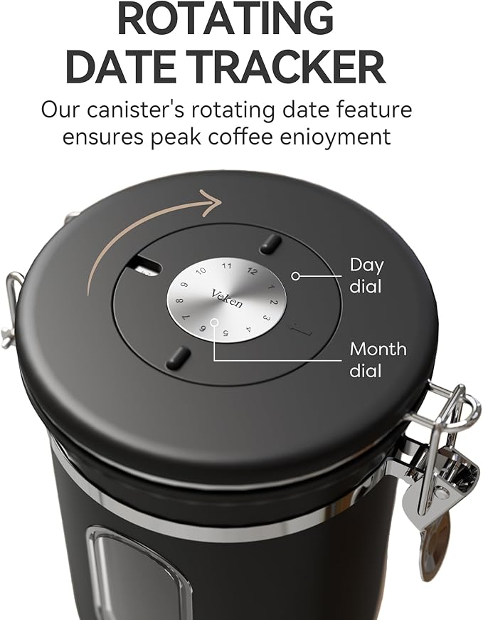 Veken Coffee Canister with Window, Airtight Stainless Steel Kitchen Food Storage Container with Lids, Date Tracker and Scoop for Grounds Coffee, Beans, Tea, Flour, Cereal, Sugar Jars, 16OZ, Black - Image 5