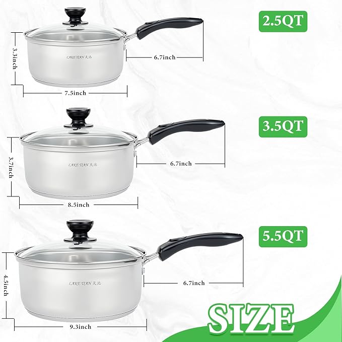Stainless Steel Saucepan with Lid Set - 2.5QT & 3.5QT & 5.5QT, Triply Sauce Pan Induction Pot for Cooking, Boiling, Compatible with All Stoves, Transparent Lid, Oven & Dishwasher Safe - Image 2