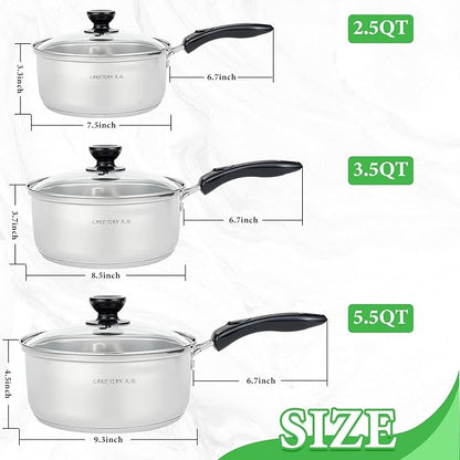 Stainless Steel Saucepan with Lid Set - 2.5QT & 3.5QT & 5.5QT, Triply Sauce Pan Induction Pot for Cooking, Boiling, Compatible with All Stoves, Transparent Lid, Oven & Dishwasher Safe - Image 2