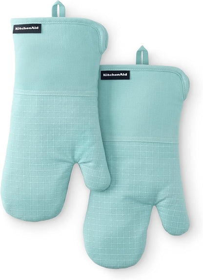 KITCHENAID Gourmet Series Gridlines Oven Mitts 2-Pack Set, Heat Resistant up to 600°F, Soft Silicone Grip, Magnetic Cuff, Mineral Water Aqua, 7"x14"