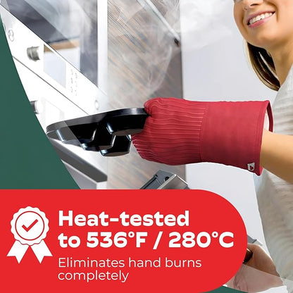 Silicone Oven Mitts - Red Set of 2-12.5" - Heat Resistant to 536 F / 280 C Kitchen Gloves - Professional Grade Protection Hot Cooking Baking