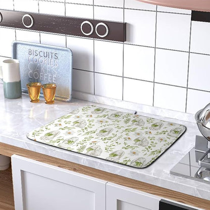 Easter Bunny Floral Drying Mat for Kitchen Counter Spring Easter Rabbits Green Leaves Dry Dish Mat Absorbent Microfiber Dish Draining Washable Dish Drainer Rack Mat Large 18x24 Inch - Image 5