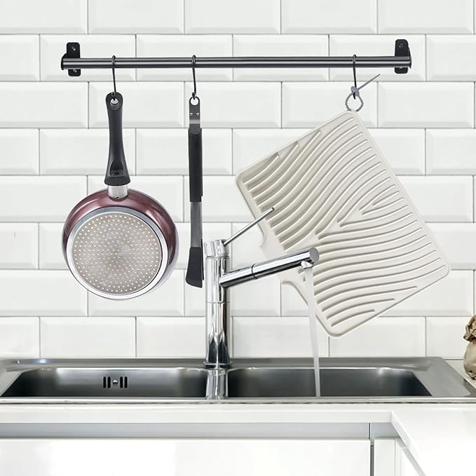 TIKNIK Silicone Dish Drying Mat, Stone Drying Mat for Kitchen Counter with Built-In Drain, Non-Slip Drain Pad with Built-in Drain, Heat Resistant Stone Drying Mat, Hangable, Cream-2pcs, 20" x 15" - Image 3