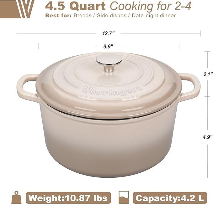 VORRINGARD Enameled Cast Iron Dutch Oven Pot with Lid, for Sourdough Bread Baking, Round Dutch Ovens, 4.5 Quart, Latte - Image 2