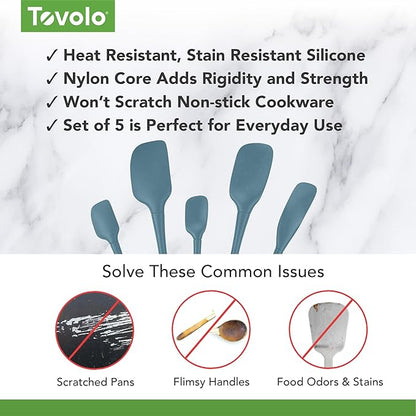 Tovolo Flex Core 5 Piece Silicone Spatula Set Heat Resistant All Silicone Utensils Include Non Stick Spatula Spoonula Jar Scraper, Dishwasher Safe BPA Free Spatulas for Baking Mixing, Blue Slate