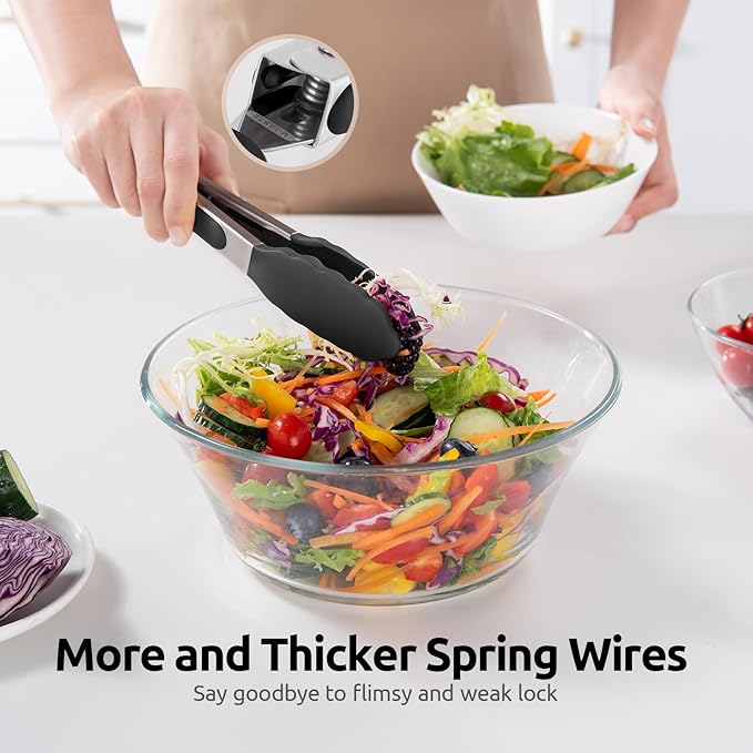 600ºF Heat Resistant Kitchen Tong: U-Taste 7 inch Silicone Cooking Tong with Firm Sealed Non Stick Rubber Tips & Silicon Coated 18/8 Stainless Steel Handle & Smooth Locking for Serving Salad (Black) - Image 8