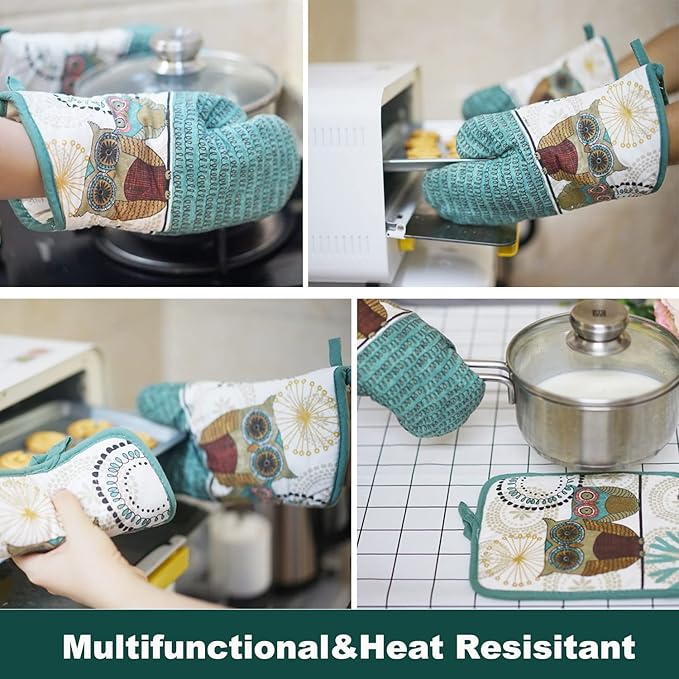Oven Mitts and Pot Holders Sets, Funny Owl Kitchen Oven Mitts Heat Resistant 500 Degrees, Pure Cotton Hot Pads and Oven Mitts Sets for Baking,Cooking,BBQ Grilling-(Owl, 4Pcs)