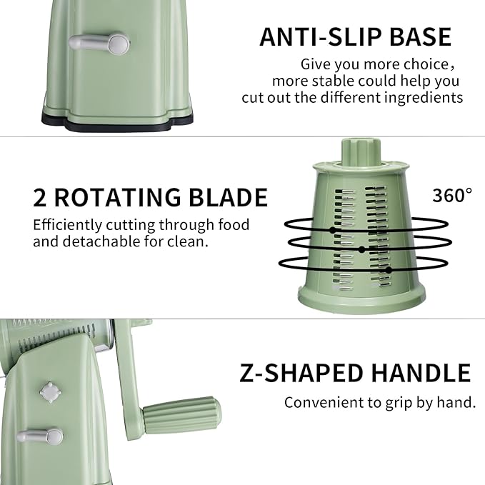 Upgrade Rotary Cheese Grater Shredder with Handle, Strong Suction Base, Multi-purpose Rotary Grater Slicer with 5 Interchangeable Blades for Ice, Vegetables, Fruit, Nuts with Blade Storage Box - Image 6