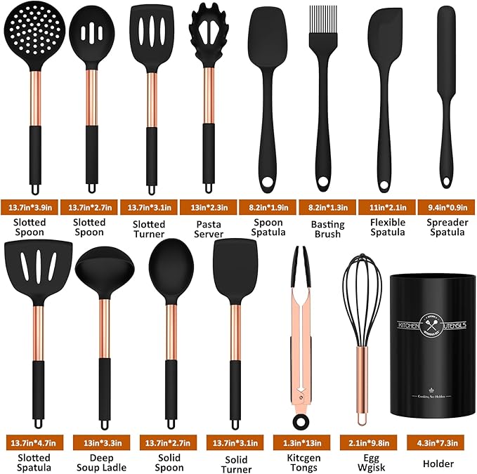 Silicone Cooking Utensil Set, Umite Chef Kitchen Utensils 15pcs Cooking Utensils Set Non-stick Silicone Rose Gold Handle Cooking Tools Whisk Kitchen Tools Set - Balck - Image 2