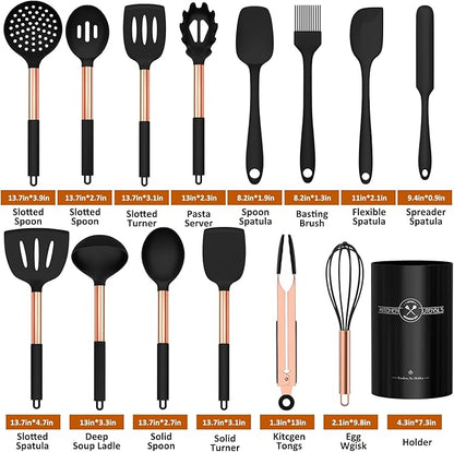 Silicone Cooking Utensil Set, Umite Chef Kitchen Utensils 15pcs Cooking Utensils Set Non-stick Silicone Rose Gold Handle Cooking Tools Whisk Kitchen Tools Set - Balck - Image 2