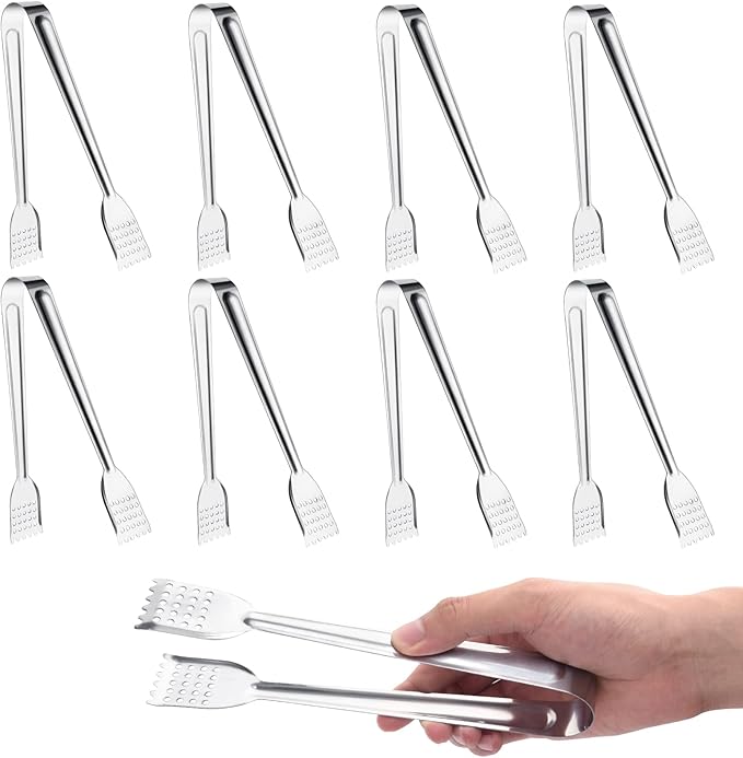 8 Pack Serving Tongs, 9 Inch, Silver, Stainless Steel, Ideal for Parties & Daily Use by Tcoin