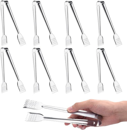 8 Pack Serving Tongs, 9 Inch, Silver, Stainless Steel, Ideal for Parties & Daily Use by Tcoin