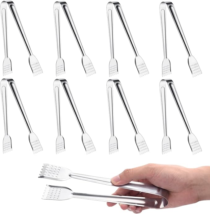 8 Pack 7-Inch Stainless Steel Serving Tongs, Mini Buffet Tongs for Appetizers, Desserts, Salad Bar, Ice, Sugar and Candy by Tcoin