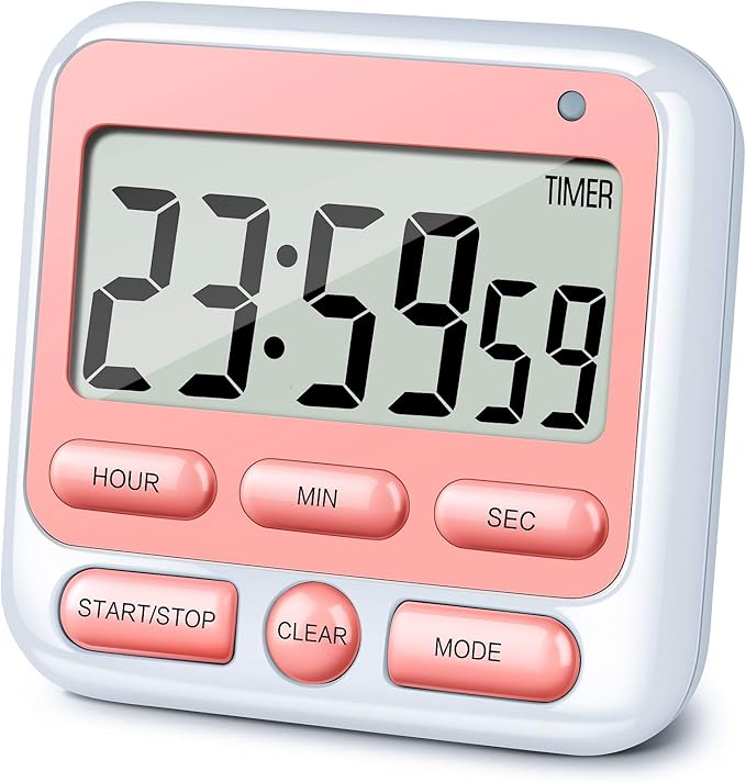 KTKUDY Digital Kitchen Timer with Mute/Loud Alarm Switch ON/Off Switch, 12-Hour Clock & Alarm, Memory Function Count Up & Count Down for Kids Teachers Cooking, Large LCD Display, Strong Magnet (Pink) by KTKUDY