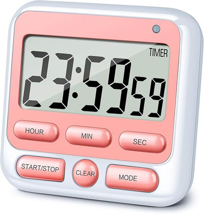 KTKUDY Digital Kitchen Timer with Mute/Loud Alarm Switch ON/Off Switch, 12-Hour Clock & Alarm, Memory Function Count Up & Count Down for Kids Teachers Cooking, Large LCD Display, Strong Magnet (Pink) by KTKUDY