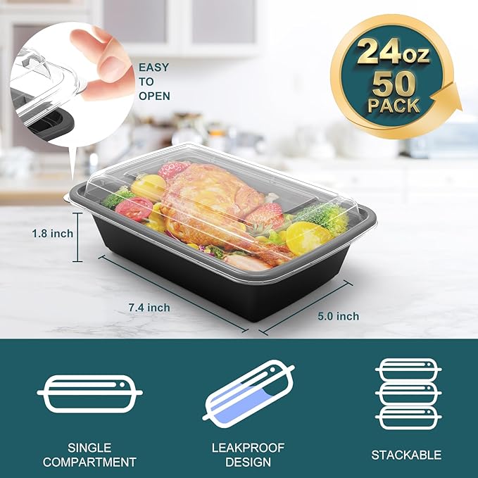 WGCC Meal Prep Containers, 50 Pack Extra-thick Food Storage Containers with Lids, Disposable & Reusable Plastic Bento Lunch Box, BPA Free, Stackable, Microwave/Dishwasher/Freezer Safe (24 oz) - Image 2