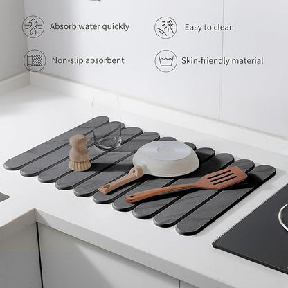 24"×16" Grey Stone Dish Drying Mats for Kitchen Counter, Large Quick Dry Collapsible Eco-Friendly Super Absorbent Diatomaceous Earth Heat-resistant Mat for Dishes Bottles Cups, Match Any Countertop