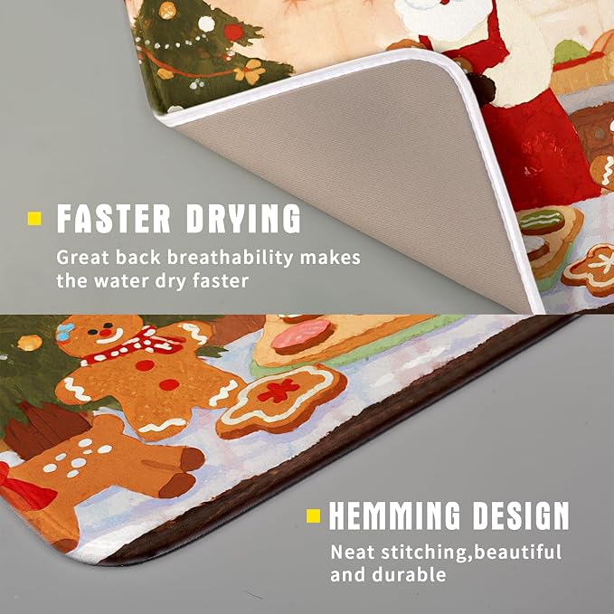 Christmas Dish Drying Mat for Kitchen Counter 16x18 Santa Claus Gingerbread Winter Xmas Holiday Themed Absorbent Reversible Microfiber Drying Mats Kitchen Countertop Protector Dishes Drainer Rack Pad - Image 3