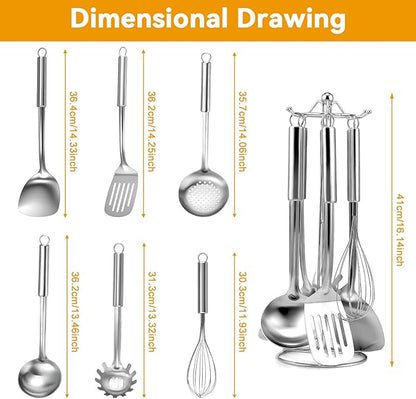 Stainless Steel Kitchen Cooking Utensils Set of 7 - Kitchen Utensils with Hanging Rack, Spatula, Slotted Turner, Soup Ladle, Slotted Spoon, Whisk, Pasta Server, Holder, Dishwasher Safe - Image 2