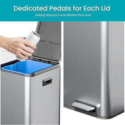 Home Zone Living 16 Gallon Kitchen Trash Can with Dual Compartments for Recycling, Stainless Steel, Silver, 60 Liters Total