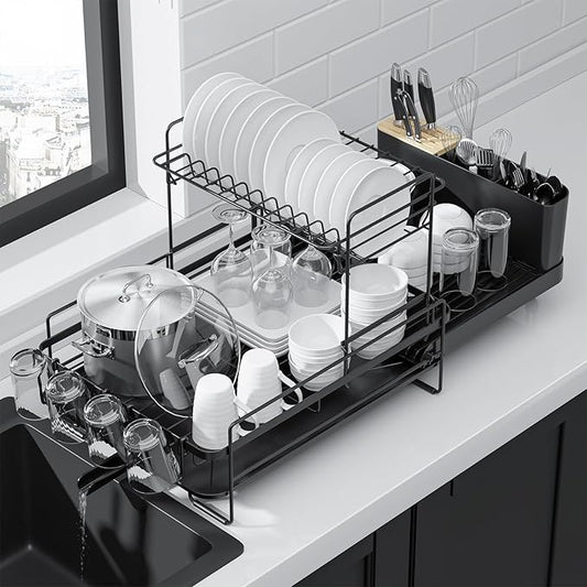 Kitsure Large Dish Drying Rack - Extendable Dish Rack, Multifunctional Dish Rack for Kitchen Counter, Anti-Rust Dish Drainers with Cutlery & Cup Holders 19.2"-26.7" L x 12.9" W x 13.6" H, Black by Kitsure