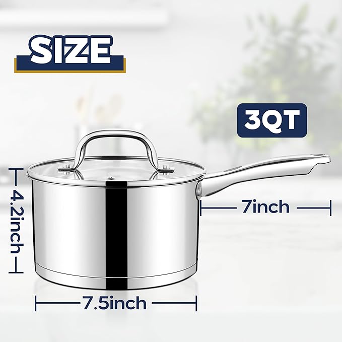 LIANYU 3 qt Saucepan, Stainless Steel Sauce Milk Pan with Visible Lid & Tri-Ply Bottom, Induction Compatible Small Pot for Home & Kitchen Cooking, Boiling, Heavy Duty, Dishwasher Safe