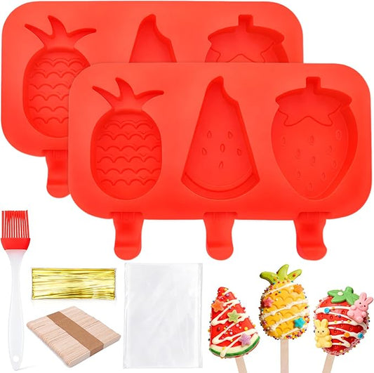 Juome Cake Pop Mold Kit, 6 Cavities Fruit Shape Cakesicle Molds Silicone with 100 Wooden Sticks&100 Packaging Bags with Ties, Cake Pop Maker Supplies Accessories, Baking Tools for Home Baking Desserts by Juome