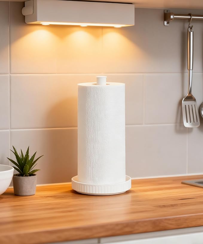 VROOMIUM Paper Towel Holder, Ceramic Base Water & Oil Resistant, Fits Double and Family Size Rolls, Stable and Easy to Clean Kitchen Roll Stand- Chic White