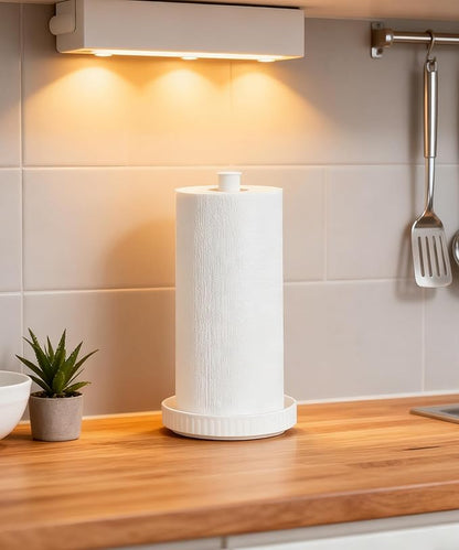 VROOMIUM Paper Towel Holder, Ceramic Base Water & Oil Resistant, Fits Double and Family Size Rolls, Stable and Easy to Clean Kitchen Roll Stand- Chic White