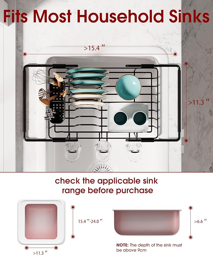Sakugi Dish Drying Rack in Sink - Expandable Stainless Steel Dish Rack Over The Sink, Kitchen Sink Drain Strainer with Cutlery Holder & Cup Holders, 15.4 x 11.3 x 6.6 Inch, Black - Image 2